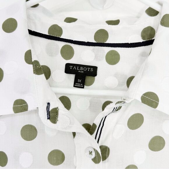 Talbots Plus Green White Textured Polka Dot 100% Cotton Button Up Long Sleeve - Picture 5 of 12